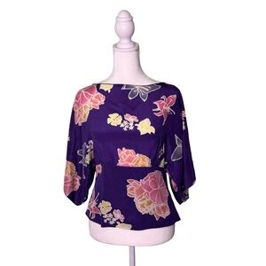 Anna Sui Anthropologie Kimono Sleeve Blouse Silk Floral Purple Women's Size 4
